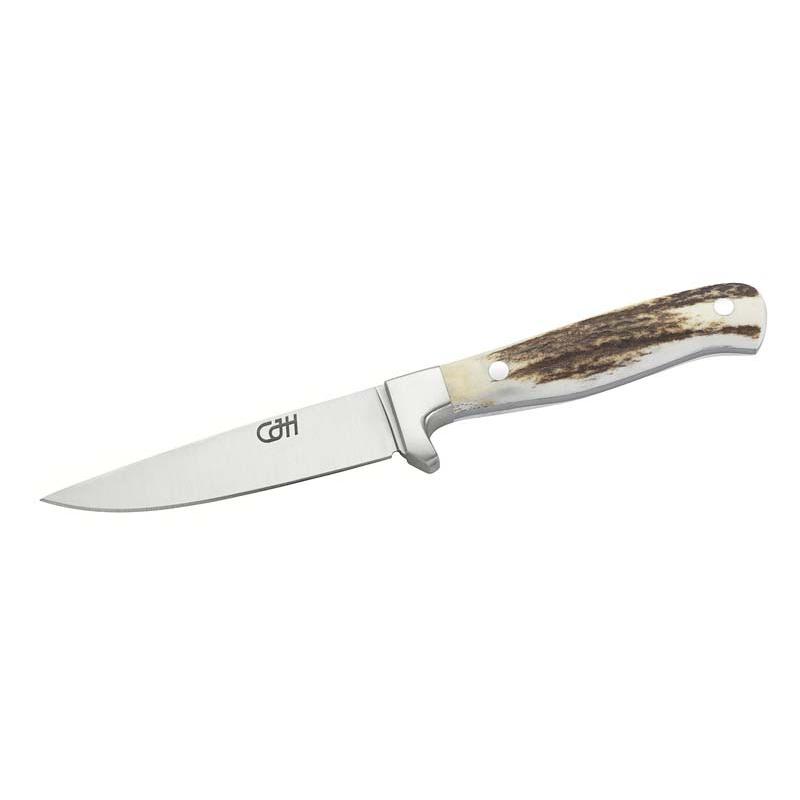 Cjh Jagdnicker, B&ouml;hler N690 Stahl, Rostfrei, Hirschhorn-Griff, Lederscheide