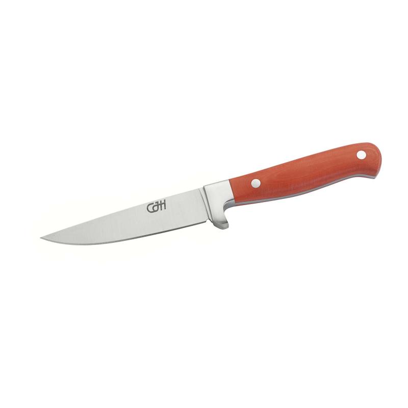 Cjh Jagdnicker, B&ouml;hler N690 Stahl, Rostfrei, Micarta-Griff, Orange, Lederscheide