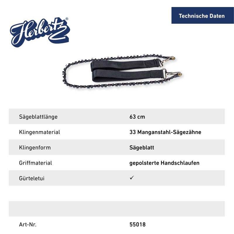 Herbertz Handkettens&auml;ge, 33 S&auml;gez&auml;hne, Karabiner, Nylon Handschlaufen Gepolstert, Schw. Etui