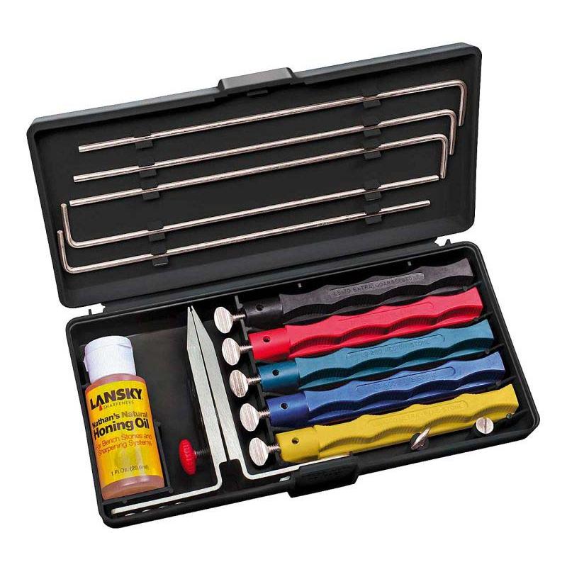 Lansky Pro Sch&auml;rf-Set, Mit 5 Abziehsteinen, Sehr Grob Und Sehr Fein, F&uuml;hrungsst&auml;be, Schleif&ouml;l, Box