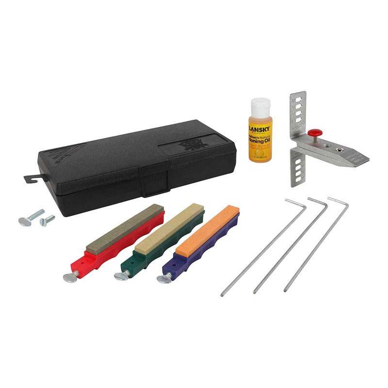 Lansky Sch&auml;rf-Set, Mit 3 Abziehsteinen, Grob, Mittel, Fein, F&uuml;hrungsst&auml;be, Schleif&ouml;l, Box
