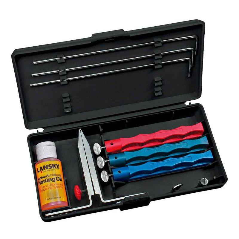 Lansky Sch&auml;rf-Set, Mit 3 Abziehsteinen, Grob, Mittel, Fein, F&uuml;hrungsst&auml;be, Schleif&ouml;l, Box